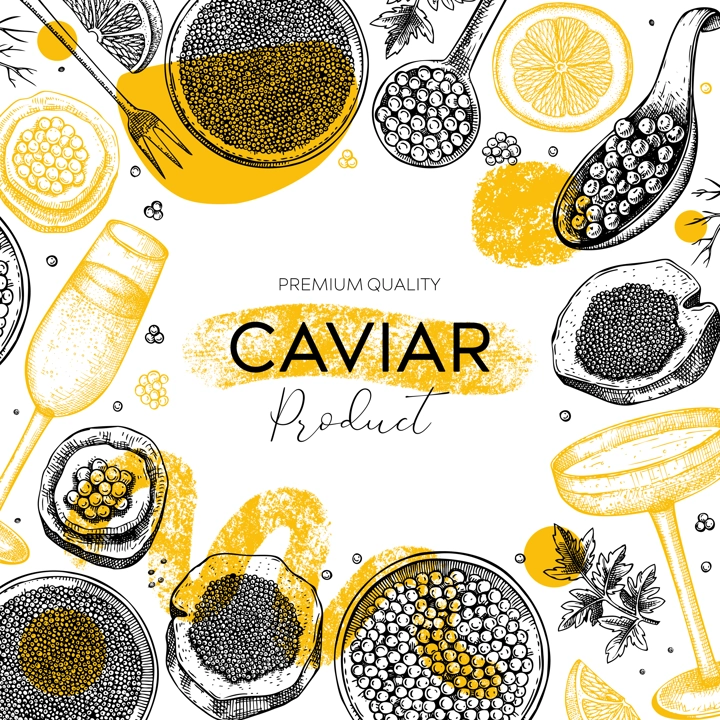 Collage style caviar and champagne illustration. Hand drawn red caviar canape, canned black caviar, sparkling wine glasses sketches. Trendy Seafood background. Modern frame or flyer template
